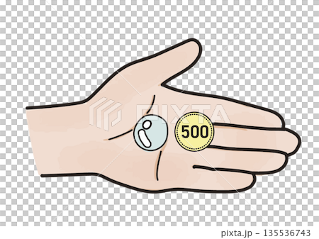 Illustration of the left palm holding a transparent medicine and a 500 yen coin Illustration of the left palm holding a transparent medicine and a 500 yen coin 135536743