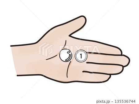 白い薬剤と1円玉を乗せた左手のひらのイラスト 白い薬剤と1円玉を乗せた左手のひらのイラスト 135536744