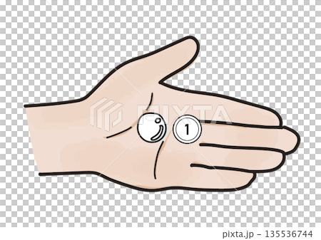 Illustration of the left palm holding a white medicine and a 1 yen coin 135536744
