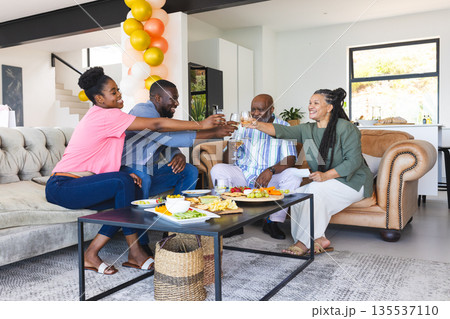 Family celebrating at home, toasting with drinks and enjoying snacks together Family celebrating at home, toasting with drinks and enjoying snacks together 135537110