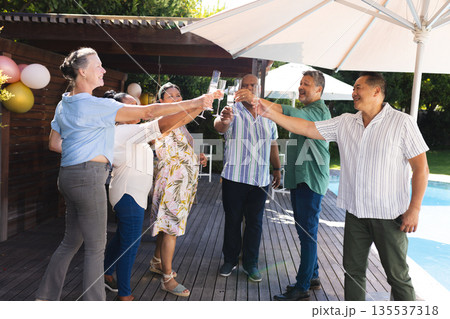 Seniors celebrating outdoors, raising glasses in joyful toast by poolside Seniors celebrating outdoors, raising glasses in joyful toast by poolside 135537318