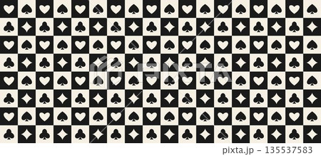 Seamless playing cards pattern. Vintage repeating spades, hearts, diamonds, clubs symbols background. Retro poker or casino table theme wallpaper. Repeated Vegas gambling concept texture. Vector Seamless playing cards pattern. Vintage repeating spades, hearts, diamonds, clubs symbols background. Retro poker or casino table theme wallpaper. Repeated Vegas gambling concept texture. Vector 135537583