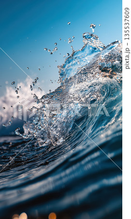 Water wave splash nature sky ocean blue water wave splash ocean nature dynamic seawater motion clear blue sky, fresh 135537609