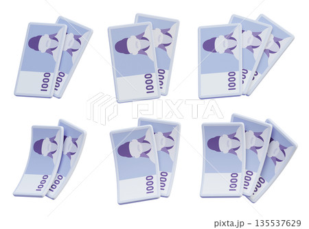 Pile of South Korean 1000 Won Banknotes 3D Render 135537629