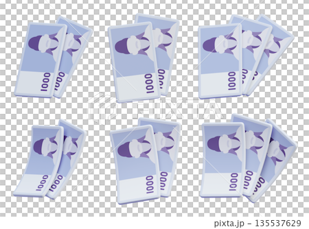 Pile of South Korean 1000 Won Banknotes 3D Render 135537629