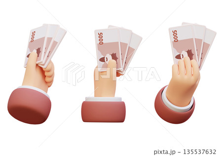Hand Holding a Bundle of Korean 5000 Won Bills 3D Illustration 135537632