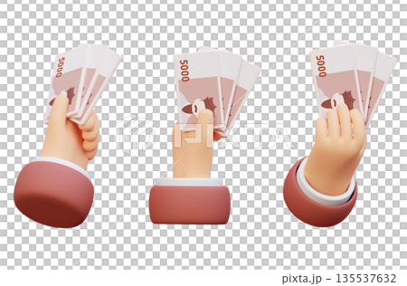 Hand Holding a Bundle of Korean 5000 Won Bills 3D Illustration 135537632