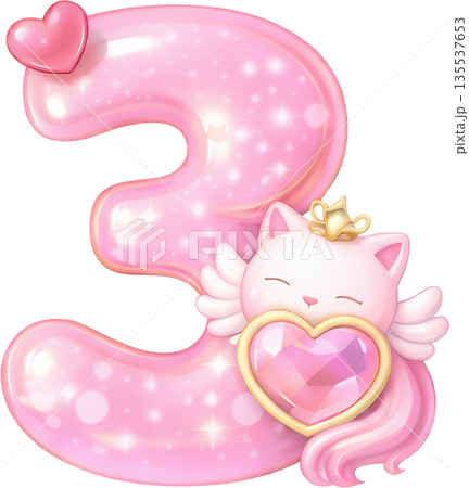 A fantasy pink number 3 with a cute cat and sparkling gem heart 135537653