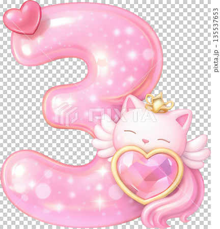 A fantasy pink number 3 with a cute cat and sparkling gem heart 135537653