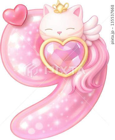 Adorable pink digit 9 character with cat wings crown and heart gem 135537668