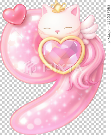 Adorable pink digit 9 character with cat wings crown and heart gem 135537668