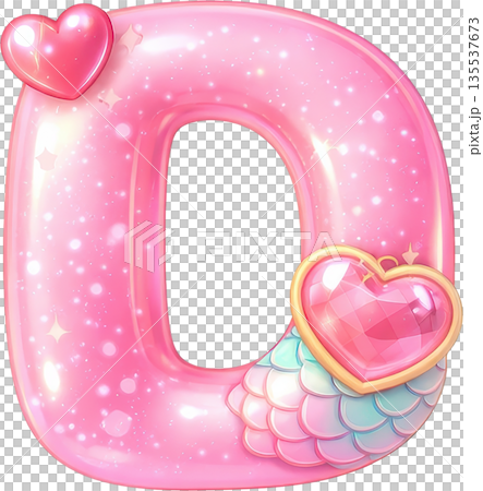 Glossy pink decorative letter D adorned with sparkling hearts and fantasy elements 135537673