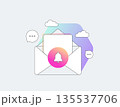 Email notification envelope opens with bell alert symbol, speech bubbles, clouds and alerts messages. E-mail subscription updates communication digital reminder technology concept vector illustration 135537706