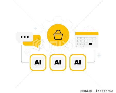 Ai agents swarm collaboration - automation chat shopping, calendar tasks digital network icons. Teamwork productivity assistant workflow, ai scheduling smart technology business vector illustration 135537708