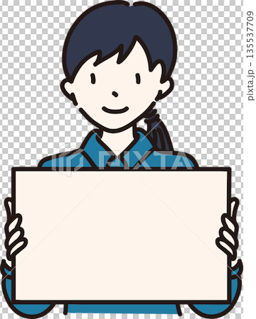 Illustration of a woman holding a frame in a blue uniform 135537709