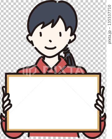 Illustration of a woman holding a frame in a red uniform 135537710