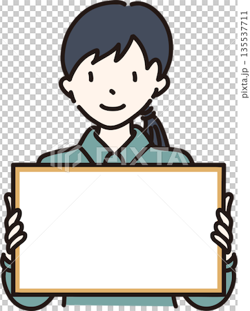 Illustration of a woman holding a frame in a green uniform 135537711