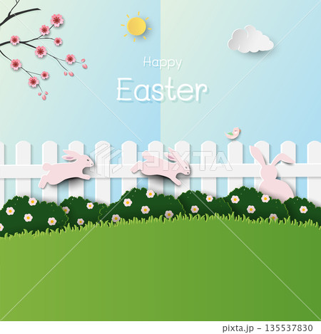 Easter nature background with cute cartoon rabbits on beautiful garden for greeting card,banners,flyers,social media or wallpaper Easter nature background with cute cartoon rabbits on beautiful garden for greeting card,banners,flyers,social media or wallpaper 135537830
