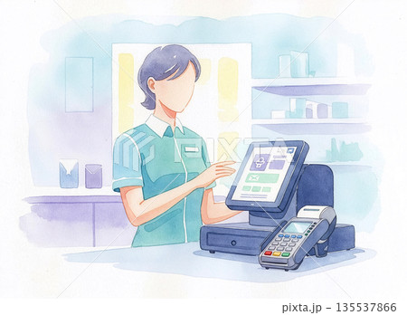 Watercolor Illustration of a Retail Cashier Using a POS System at a Store Checkout Counter, Medium Shot of Staff Operating Digital Terminal, Soft Pastel Tones for Business Concepts. 135537866