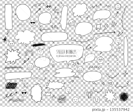 手書き風の吹き出しと絵文字・矢印の落書き装飾セット モノクロ線画ベクター 手書き風の吹き出しと絵文字・矢印の落書き装飾セット モノクロ線画ベクター 135537942