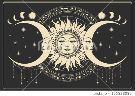 Celestial sun and moon with a face, astrology banner on a black background, tarot card, vintage style mystical illustration with star ornament. Astronomy and esoteric symbolism concept for design and Celestial sun and moon with a face, astrology banner on a black background, tarot card, vintage style mystical illustration with star ornament. Astronomy and esoteric symbolism concept for design and 135538056