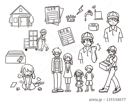 引っ越しのイラストセット3線画 引っ越しのイラストセット3線画 135538077