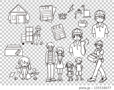 引っ越しのイラストセット3線画 引っ越しのイラストセット3線画 135538077