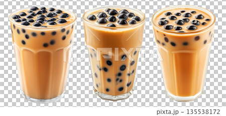Creamy bubble milk tea with tapioca pearls in glass cup, isolated on white transparent background Creamy bubble milk tea with tapioca pearls in glass cup, isolated on white transparent background 135538172
