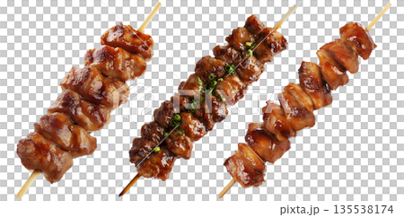 Grilled chicken yakitori skewer with teriyaki glaze or Isaw Filipino street food isolated on white transparent background 135538174