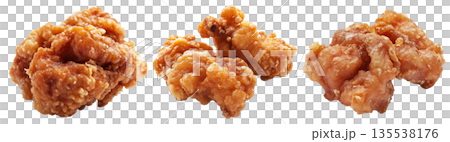 Crispy glazed fried chicken Karaage nuggets isolated on white transparent background. Concept of Asian cuisine and Japan 135538176
