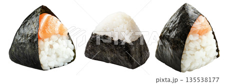 Japanese salmon onigiri rice ball wrapped in nori seaweed, isolated on white background, Asian cuisine concept Japanese salmon onigiri rice ball wrapped in nori seaweed, isolated on white background, Asian cuisine concept 135538177