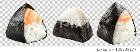 Japanese salmon onigiri rice ball wrapped in nori seaweed, isolated on white background, Asian cuisine concept Japanese salmon onigiri rice ball wrapped in nori seaweed, isolated on white background, Asian cuisine concept 135538177