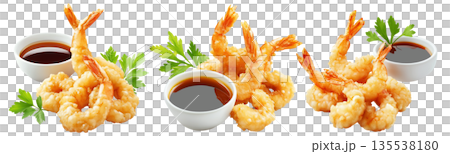 Fried shrimp tempura garnished with black sesame seeds, served with soy sauce in a bowl isolated on white background 135538180