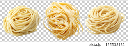 Raw fettuccine pasta nest or Japanese udon isolated on white transparent background, representing cooking ingredients 135538181