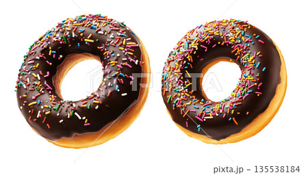 Tasty donut covered in glossy chocolate glaze with vibrant sprinkles isolated on white background. 135538184