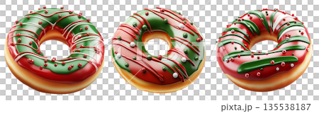 Delicious donut topped with red and green icing, decorated with white drizzle and candy balls, isolated on white 135538187