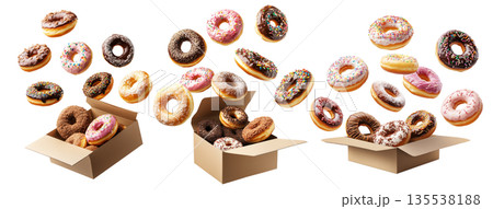 Variety of frosted donuts with sprinkles and glaze falling into an open box, isolated on white transparent background Variety of frosted donuts with sprinkles and glaze falling into an open box, isolated on white transparent background 135538188