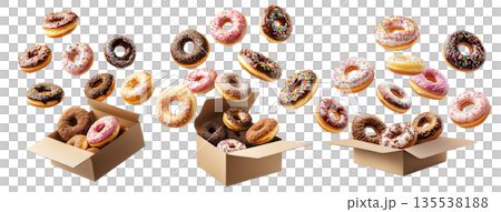 Variety of frosted donuts with sprinkles and glaze falling into an open box, isolated on white transparent background 135538188