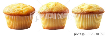 Golden brown vanilla muffin with fluffy texture in paper liner, isolated on white transparent background Golden brown vanilla muffin with fluffy texture in paper liner, isolated on white transparent background 135538189