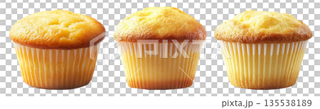 Golden brown vanilla muffin with fluffy texture in paper liner, isolated on white transparent background Golden brown vanilla muffin with fluffy texture in paper liner, isolated on white transparent background 135538189
