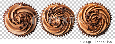 Chocolate cupcake topped with creamy swirled frosting and chocolate shavings, isolated on white background 135538190