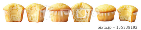 Two halves of a vanilla cupcake with creamy filling shown in cross-section, isolated on white transparent background Two halves of a vanilla cupcake with creamy filling shown in cross-section, isolated on white transparent background 135538192