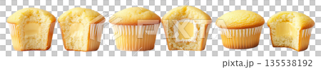 Two halves of a vanilla cupcake with creamy filling shown in cross-section, isolated on white transparent background Two halves of a vanilla cupcake with creamy filling shown in cross-section, isolated on white transparent background 135538192