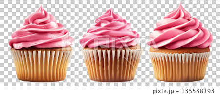 Cupcake topped with swirled pink frosting isolated on white transparent background. Concept of dessert, sweetness Cupcake topped with swirled pink frosting isolated on white transparent background. Concept of dessert, sweetness 135538193