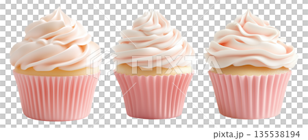 Vanilla cupcake with smooth pink whipped cream frosting in soft pink wrapper isolated on white transparent background Vanilla cupcake with smooth pink whipped cream frosting in soft pink wrapper isolated on white transparent background 135538194