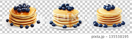 Fluffy pancake stack topped with fresh blueberries, isolated on white background. Concept of breakfast or brunch meal 135538195