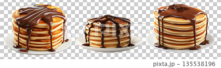 Stack of golden pancakes covered in thick chocolate syrup, isolated on white background, concept of sweet breakfast Stack of golden pancakes covered in thick chocolate syrup, isolated on white background, concept of sweet breakfast 135538196