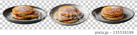 Stack of fluffy golden pancakes sprinkled with powdered sugar on a ceramic plate, isolated on white background Stack of fluffy golden pancakes sprinkled with powdered sugar on a ceramic plate, isolated on white background 135538199