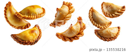 Fried baked pastry empanadas filled with ground beef cheese ham and crimped edges, isolated on white background Fried baked pastry empanadas filled with ground beef cheese ham and crimped edges, isolated on white background 135538216