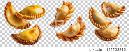 Fried baked pastry empanadas filled with ground beef cheese ham and crimped edges, isolated on white background Fried baked pastry empanadas filled with ground beef cheese ham and crimped edges, isolated on white background 135538216